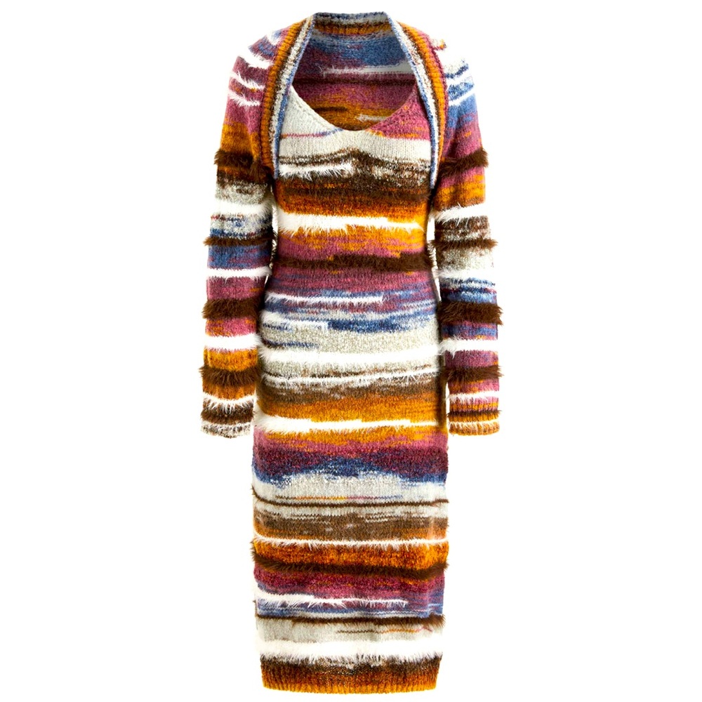 NWT CIDER FUZZY KNITTED STRIPE BACKLESS MIDI DRESS W/ KNITTED CROP SHRUG MEDIUM